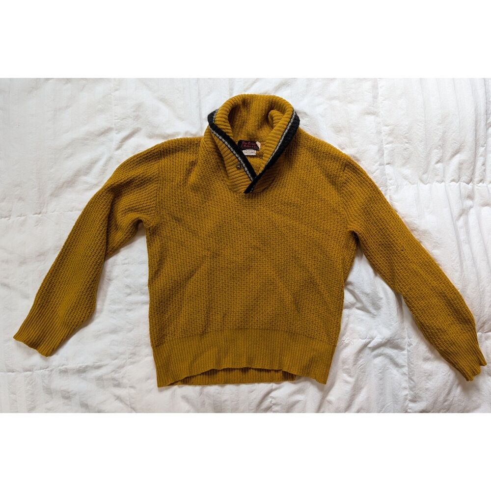 Men's Vintage Shetland Shawl Neck Wool Sweater Mustard Yellow Large